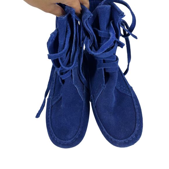 Maje Noreen Wedge Fringe Suede Moccasins in Cobalt Blue - Picture 2 of 4